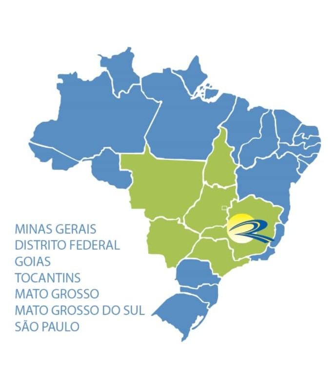 Mapa do Brasil com os estados de atuação da REC Transportes: Minas Gerais, Distrito Federal, Goiás, Tocantins, Mato Grosso, Mato Grosso do Sul e São Paulo